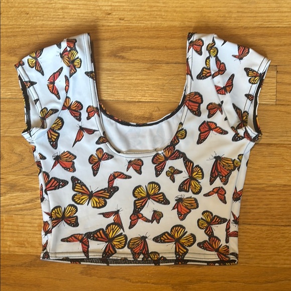 Blackmilk Butterfly Print Fitted Crop Top Brown and Orange - Picture 3 of 4